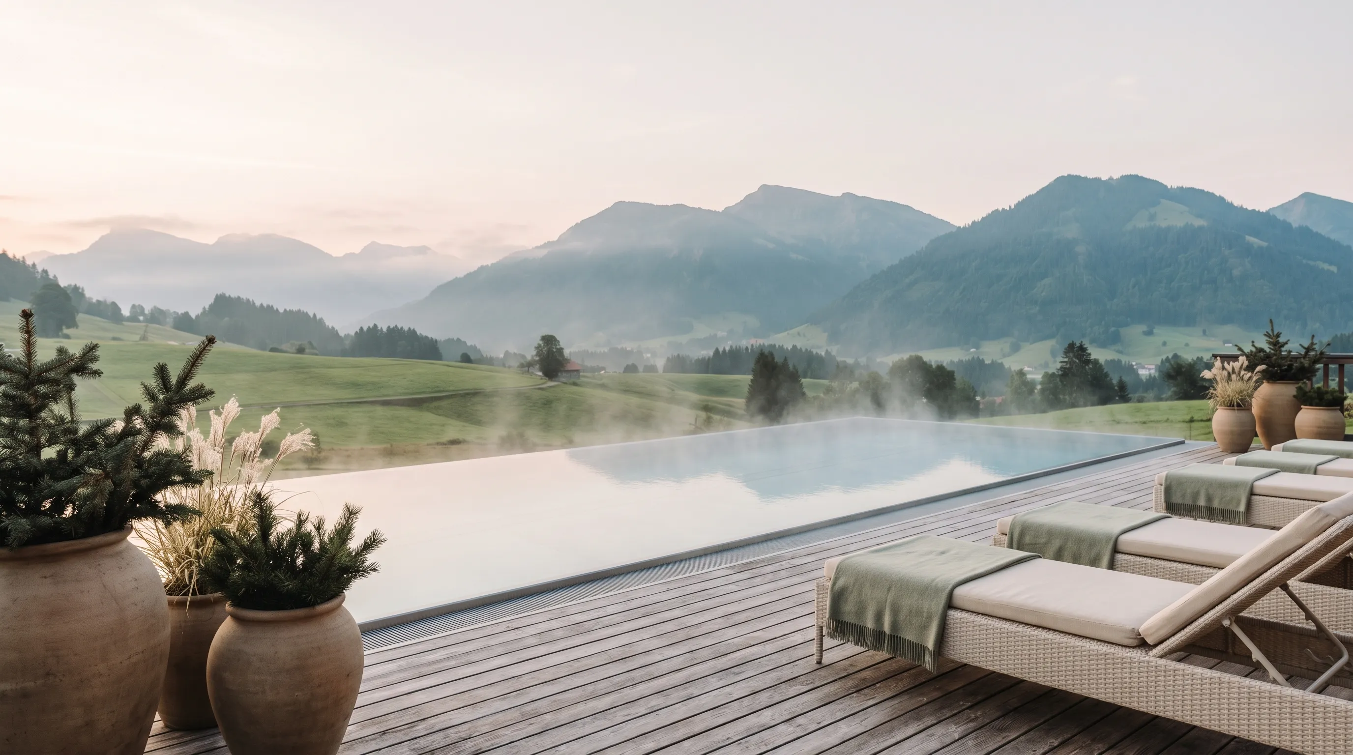Infinity-Pool eines Wellnesshotels mit Blick auf die morgendlichen Berge und Wiesen des Allgäus