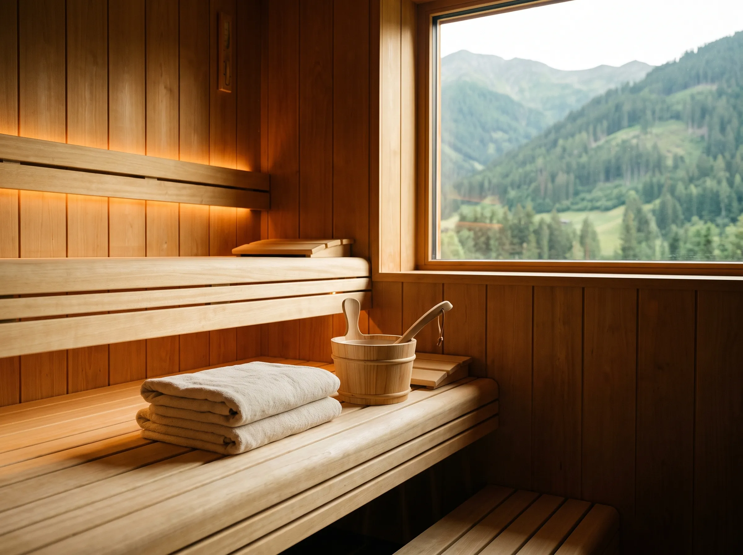 Warme Sauna mit Holzvertäfelung und Blick auf grüne Allgäuer Berge